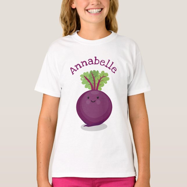 Camiseta Dibujo de remolacha morada linda y feliz en estilo (Anverso)