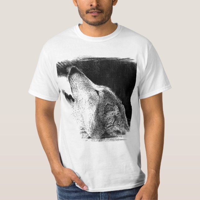 Camiseta Dibujo de sketch de lobo gris negro y blanco (Anverso)
