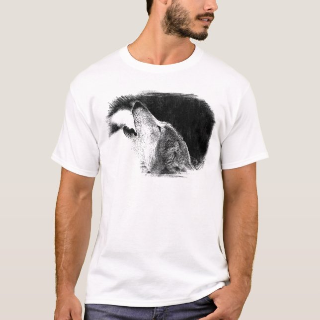 Camiseta Dibujo de sketch de lobo gris negro y blanco (Anverso)