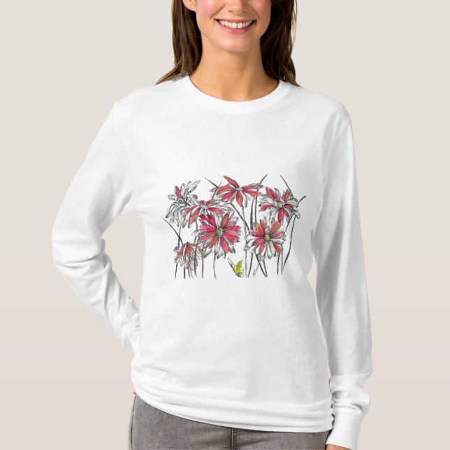 Camiseta Dibujo de tinta de arte botánico con flores de mar (Anverso)