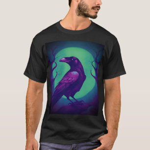 Camiseta Dibujo de un cuervo sobre fondo azul verde brillan