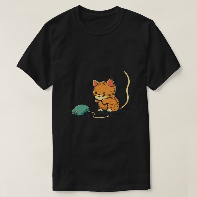 Camiseta Dibujo De Un Gatito Cazando Un Ratón De Computador (Diseño del anverso)