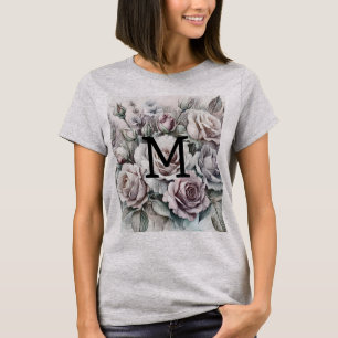 Camiseta Dibujo floral de monograma rosas rosadas púrpuras