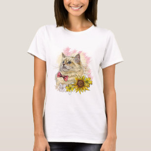Camiseta Dibujo manual divertido gato Red Ragdoll con flore