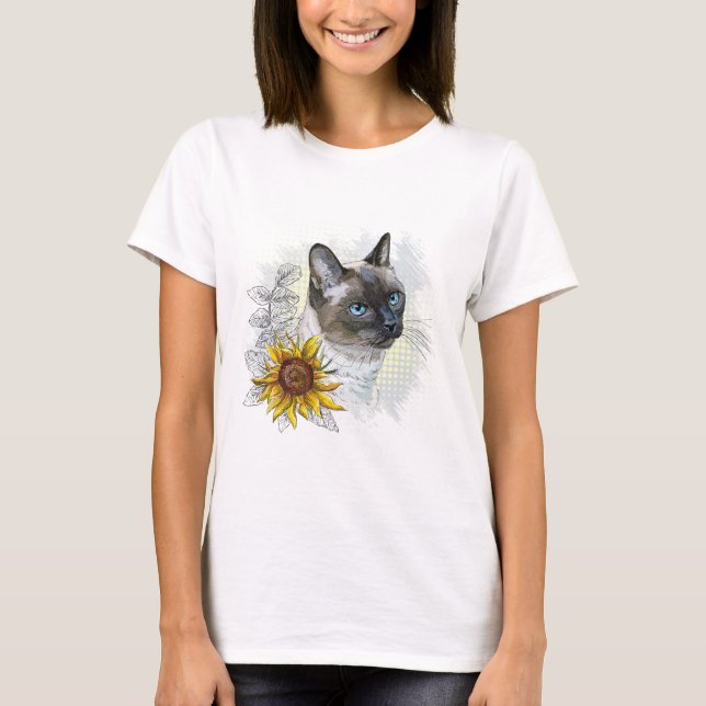 Camiseta Dibujo manual divertido lindo gato tailandés con f (Anverso)
