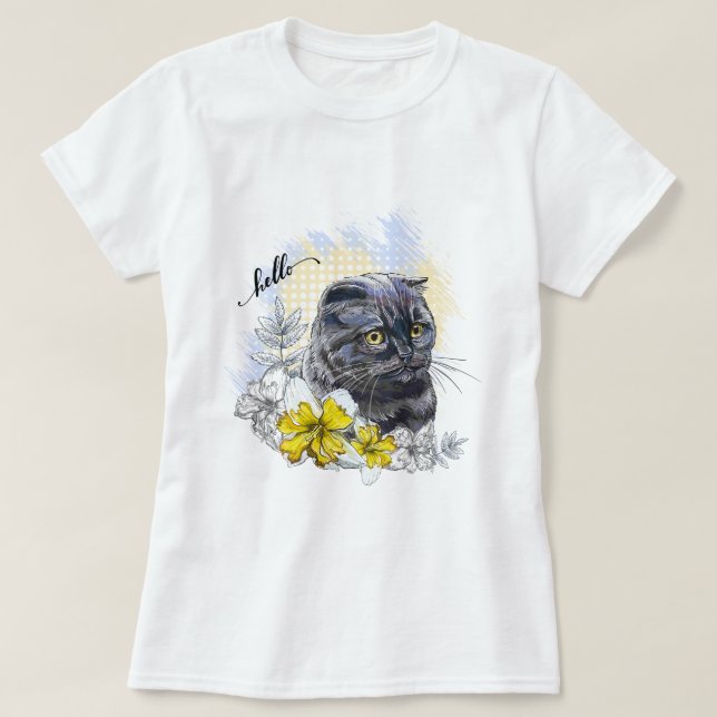 Camiseta Dibujo manual gracioso gato negro británico con fl (Diseño del anverso)