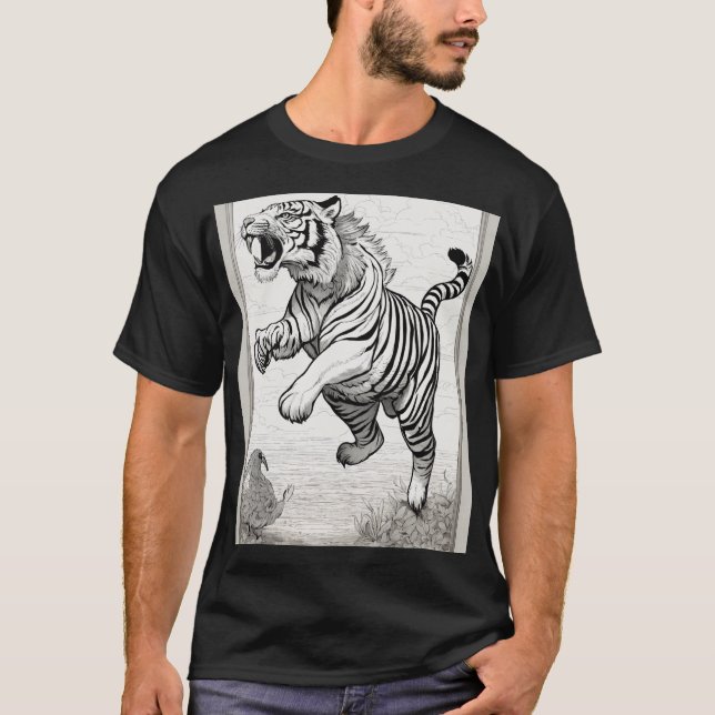 Camiseta Dibujos de línea negra y blanca: Salto de tigres y (Anverso)