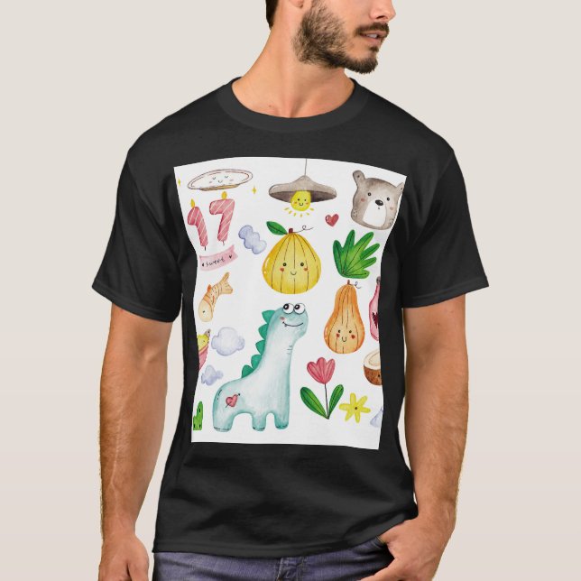 Camiseta Dibujos garabatos de acuarela kawaii, listos para  (Anverso)
