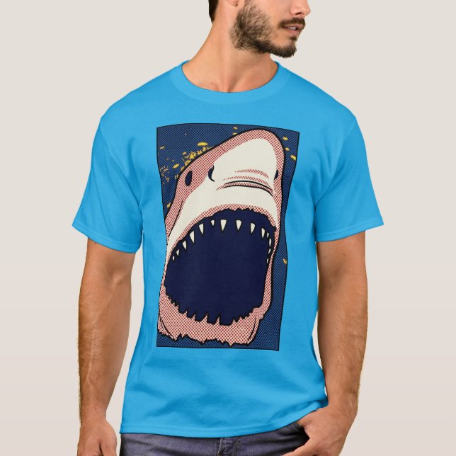 Camiseta Diente de Tiburón Pop Art Panel Cómic de Mediotono (Anverso)