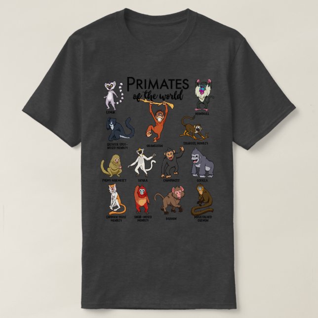Camiseta Diferentes tipos de primates de monos (Diseño del anverso)