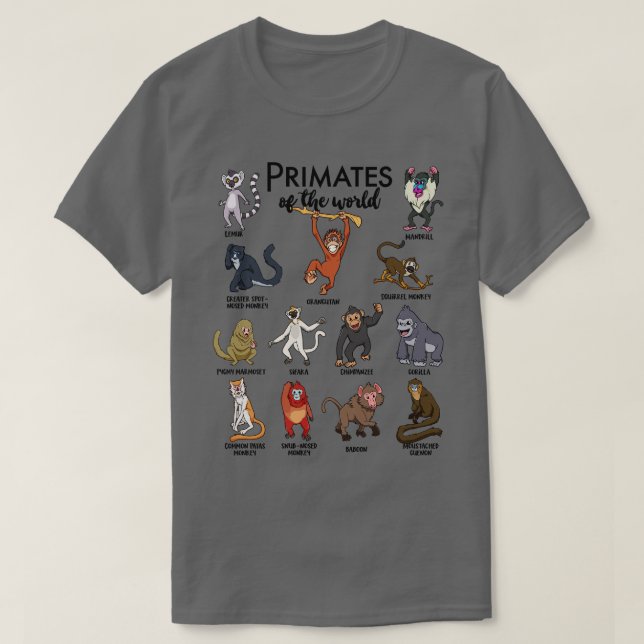 Camiseta Diferentes tipos de primates de monos (Diseño del anverso)