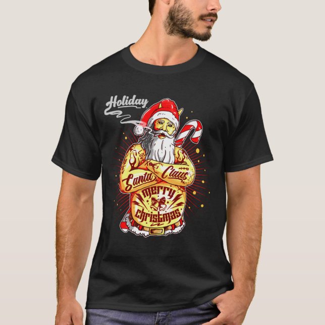 Camiseta Difícil de fumar mal tatuaje Santa Feliz Navidad (Anverso)