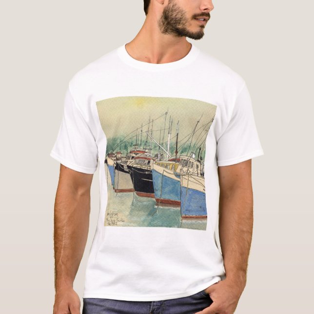 Camiseta Digby, Nueva Escocia, barcos de pesca, acuarela (Anverso)