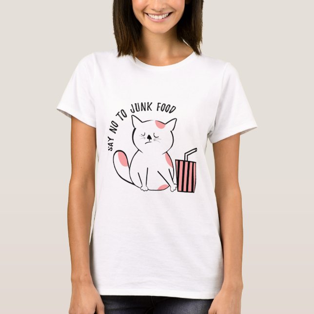 Camiseta Dile no a la comida chatarra - humor de gato (Anverso)