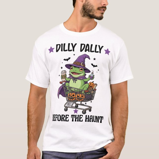 Camiseta Dilly Dally Antes de Haunt Frog Compras de Hallowe (Anverso)