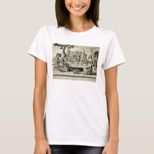 Camiseta Diners on a terrace with a formal garden below, en