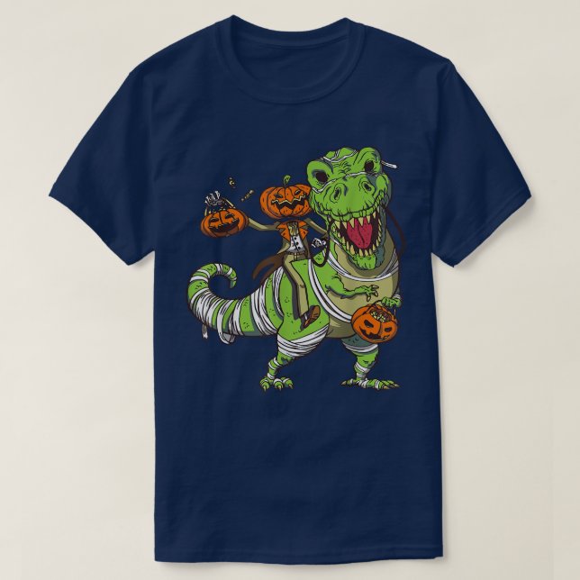 Camiseta Dino con esqueleto y calabaza feliz Halloween  (Diseño del anverso)