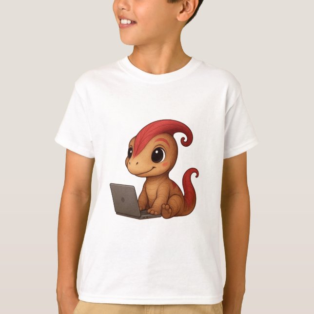 Camiseta Dino Kids Shirt – Dino Kammli am Laptop (Anverso)