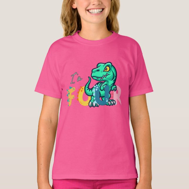 Camiseta Dino Rex Tengo cuatro chicas de cumpleaños cuatro  (Anverso)