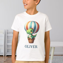 Camiseta Dino Verde Adorable Vuela en un Globo Aerostático