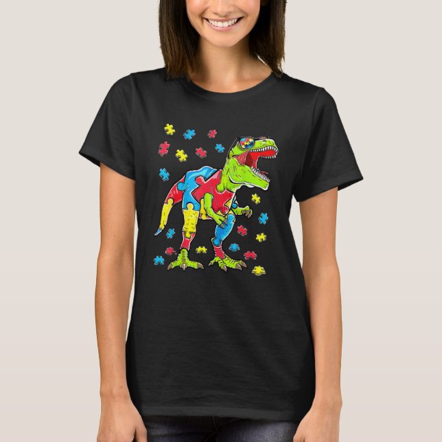 Camiseta Dinosaur Autism Awareness Puzzle Piece Boys Kids T (Anverso)