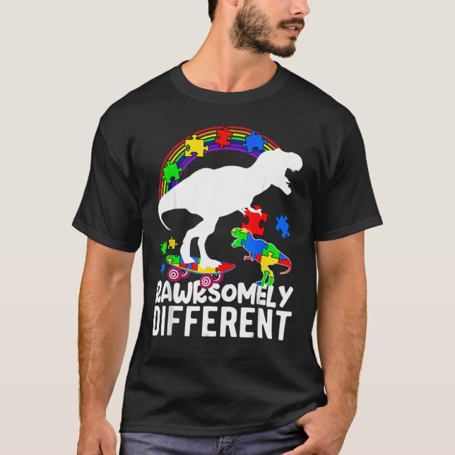 Camiseta Dinosaur Autism Awareness Puzzle Rawrsomely Differ (Anverso)