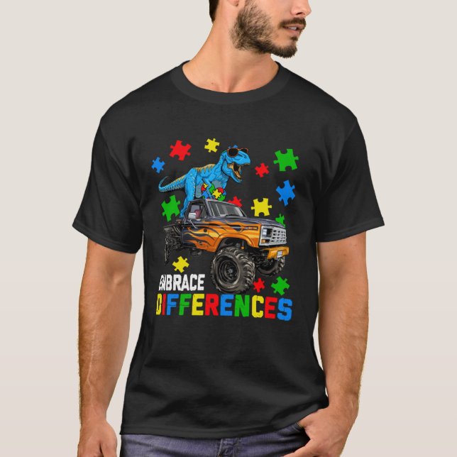 Camiseta Dinosaur Autism Awareness With Monster Truck For A (Anverso)