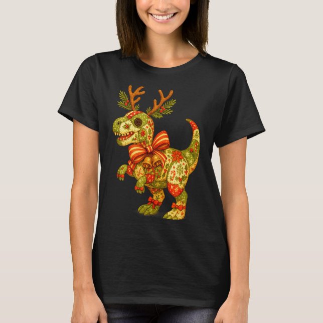 Camiseta Dinosaur Christmas Season Patchwork T-rex Squad Fa (Anverso)