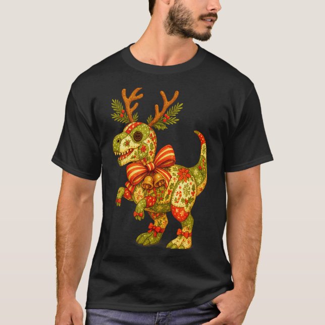 Camiseta Dinosaur Christmas Season Patchwork T-rex Squad Fa (Anverso)