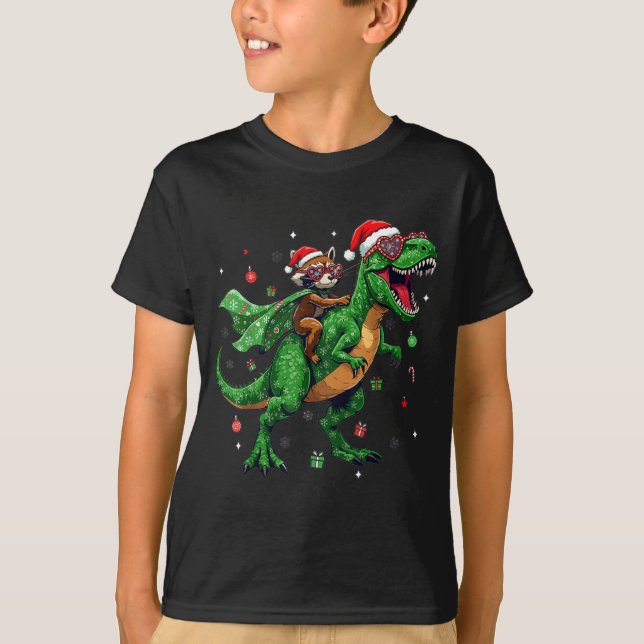 Camiseta Dinosaur Christmas T Rex Raccoon Santa Holiday  (Anverso)