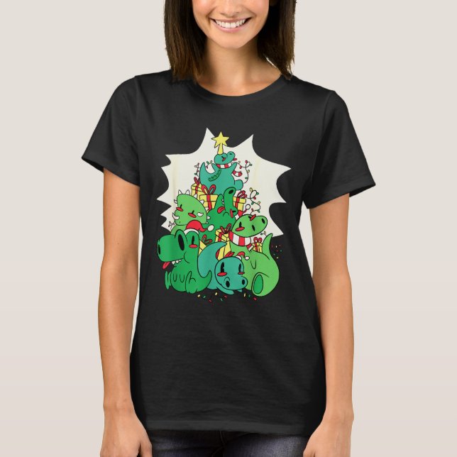 Camiseta Dinosaur Christmas Tree Cartoons Holiday Tyrannosa (Anverso)