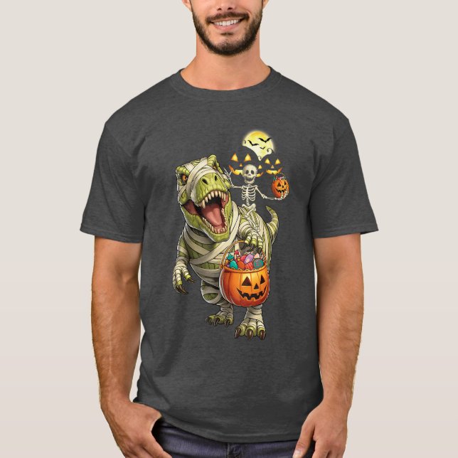 Camiseta Dinosaur Halloween Skeleton Riding Mummy T Rex Cos (Anverso)