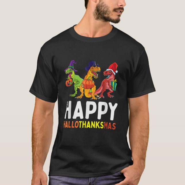 Camiseta Dinosaur Halloween Thanksgiving Christmas HalloTha (Anverso)