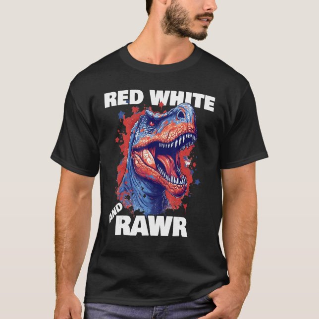 Camiseta Dinosaur Red White Rawr American Flag 4th of July  (Anverso)