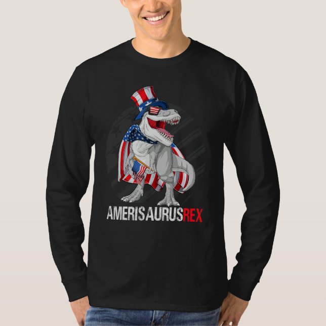 Camiseta Dinosaur Rex 4th of July Boys Kids American Flag D (Anverso)