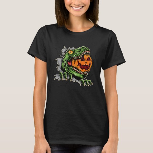 Camiseta Dinosaur Rex Eat Pumpkin Scary Halloween (Anverso)