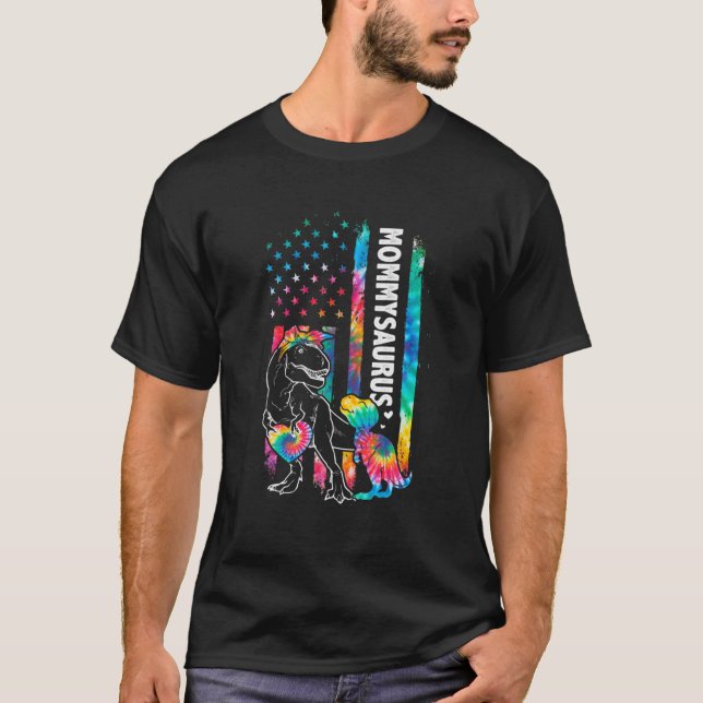 Camiseta Dinosaur Rex Mommy Saurus Tie Dye USA Bandera (Anverso)