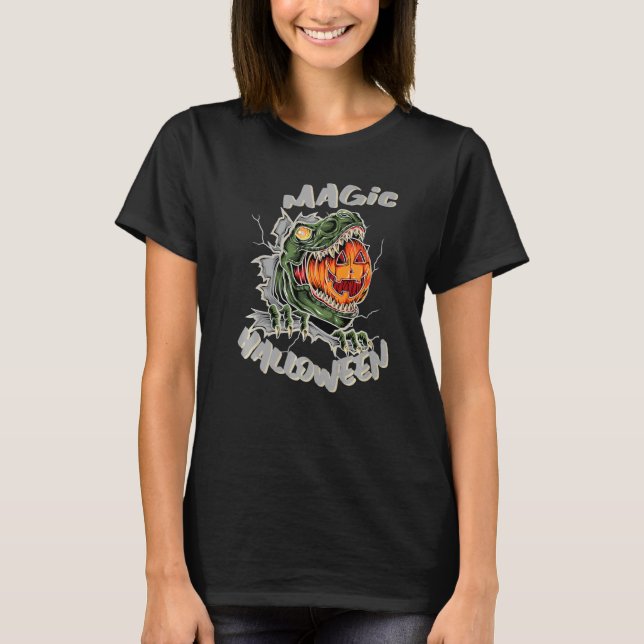 Camiseta Dinosaur Rex Pumpkin Halloween mágico (Anverso)