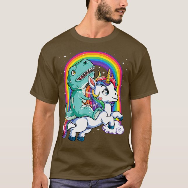 Camiseta Dinosaur Riding Unicorn T Shirt Kids Men Rainbow (Anverso)