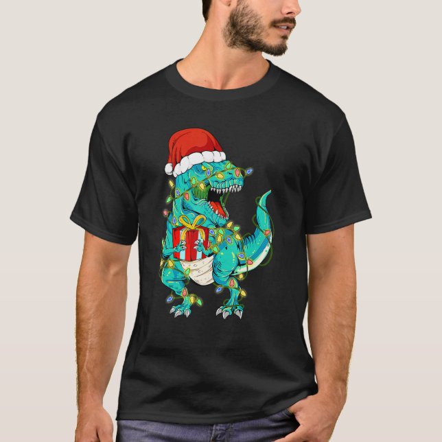 Camiseta Dinosaur Santa Para Niños Chicas Luz de Árbol de N (Anverso)