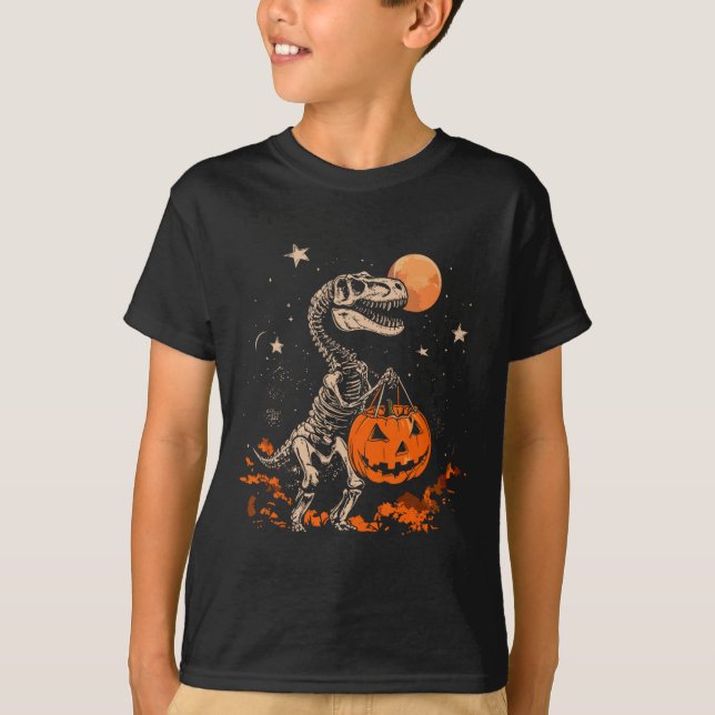 Camiseta Dinosaur Skeleton Scary Pumpkin Moon Halloween Boy (Anverso)