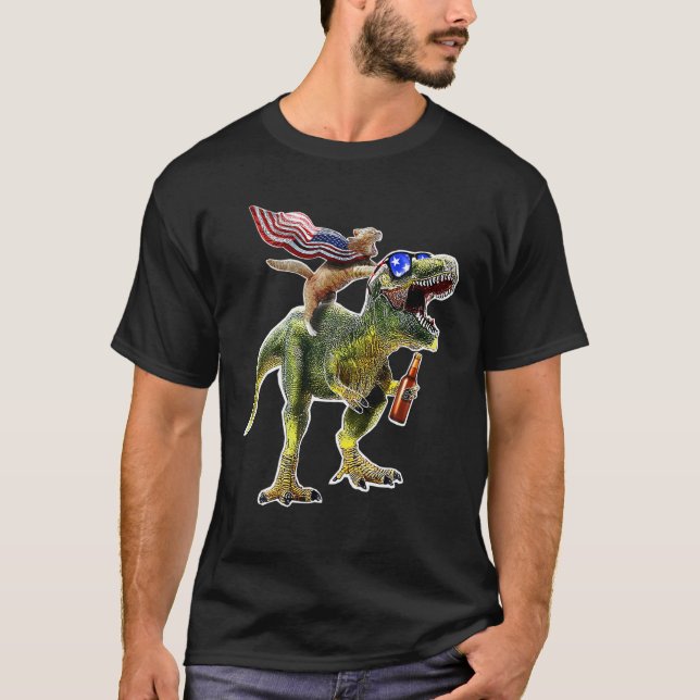 Camiseta Dinosaur T Rex Beer Cat 4 de julio Bandera America (Anverso)