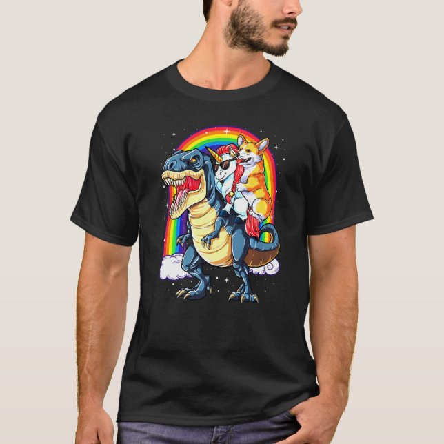 Camiseta Dinosaur T Rex Boys Chicas Rainbow Corgi (Anverso)