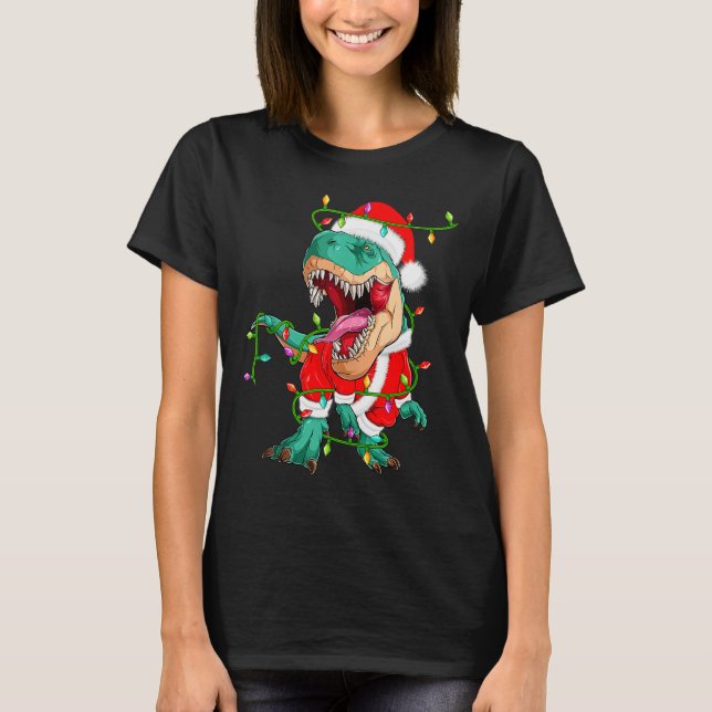 Camiseta Dinosaur T-rex Christmas Lights Funny Santa Cute A (Anverso)