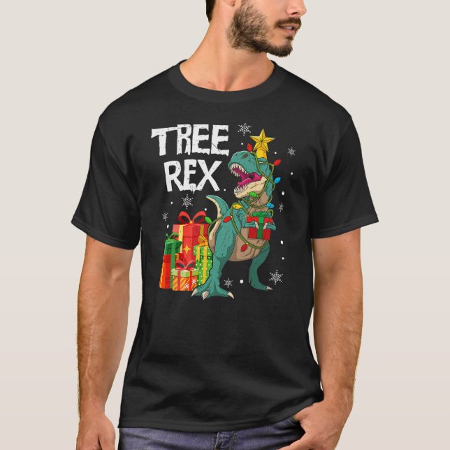Camiseta Dinosaur T Rex Christmas Tree Lights Pajamas Men B (Anverso)