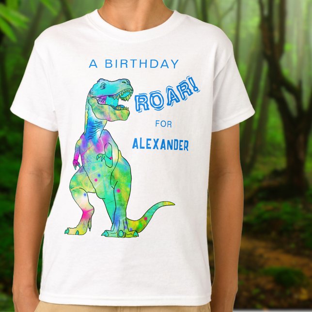 Camiseta Dinosaur T-Rex Personalizado Boys Fiesta de Cumple (Personalized boys dinosaur T-Rex roar birthday party T-shirt Colorful dino modern blue typography )