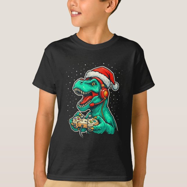 Camiseta Dinosaur T Rex Playing Video Game Santa Hat Christ (Anverso)