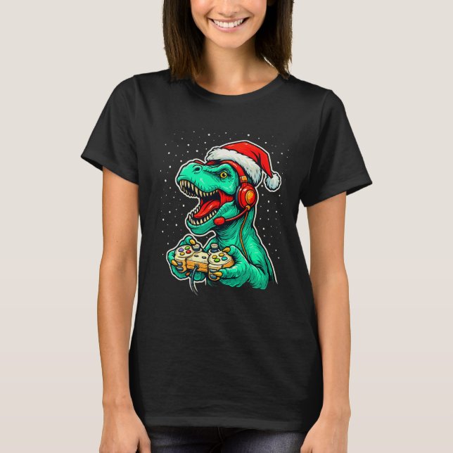 Camiseta Dinosaur T Rex Playing Video Game Santa Hat Christ (Anverso)