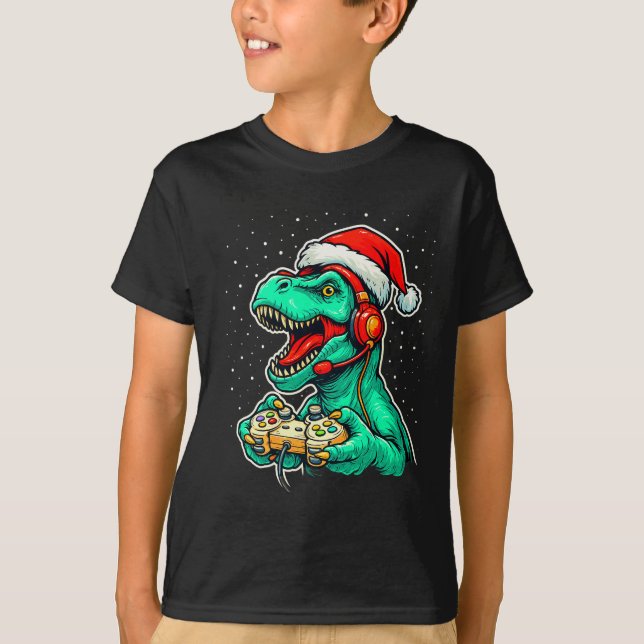 Camiseta Dinosaur T Rex Playing Video Game Santa Hat Christ (Anverso)