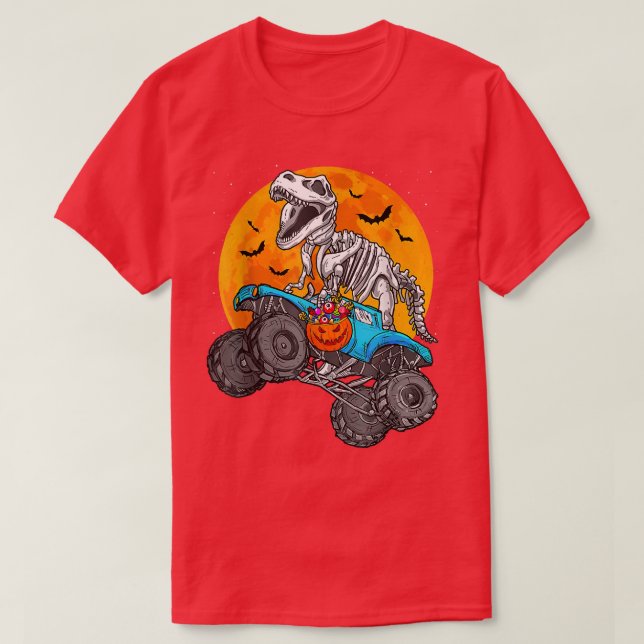 Camiseta Dinosaur T Rex Riding Monster Truck Moon Halloween (Diseño del anverso)